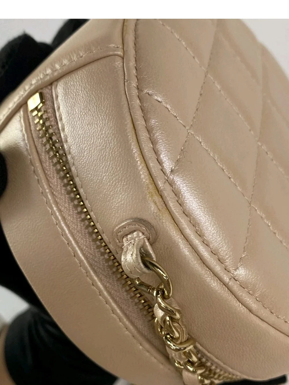 CHANEL Beige Iridescent Calfskin Quilted Round Pearl Chain Crossbody Bag